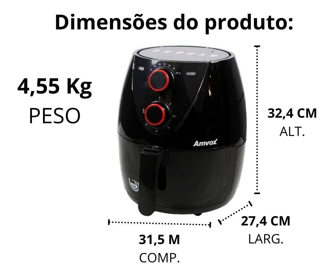 FRITADEIRA AIR FRYER 4.5 LTS 1.400W ARF1205 PRETA AMVOX - Imagem 2