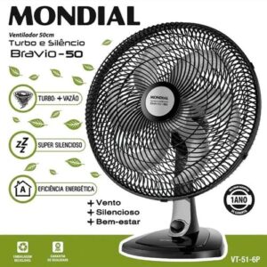 VENT. MONDIAL 50 MESA 6P 140W TURBO SILENCIOSO VT516P PRETO 220V